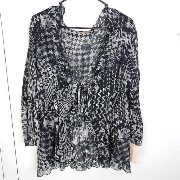 Notations Top Womens 2X Tie Front Ruffle Neck Dark Artsy Abstract Goth Retro - Picture 1 of 10